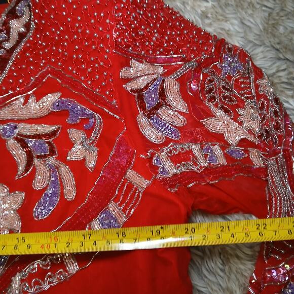 Ramana Red Beaded Sequin Silk Blend Tunic Top Size 18 Embroidered Floral Vintage - Picture 9 of 14